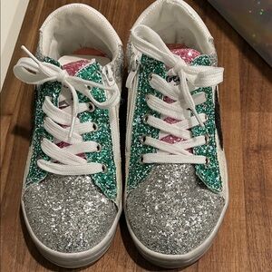 Sparkly Kids Sneakers with Green and Silver Glitter
